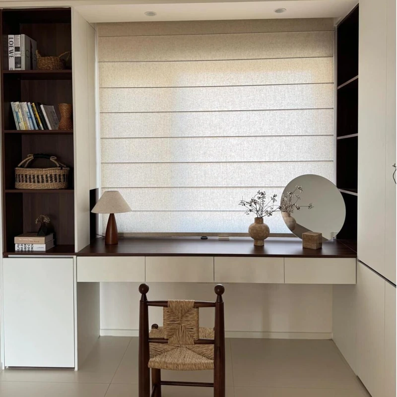 Cream Roman shade in a minimalist home office look
