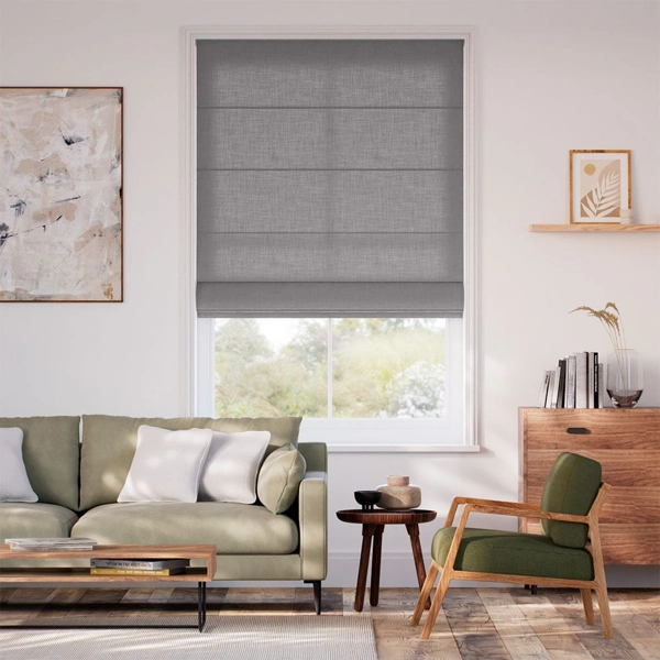 Crisp, structured grey pleated Roman Blinds in a modern interior