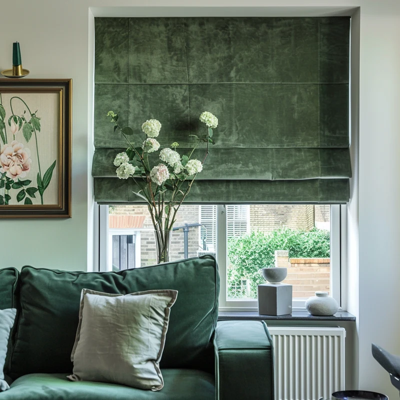 Green velvet Roman shade in a lush, botanical room