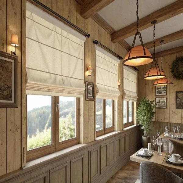 Sophisticated window coverings for a dining space.