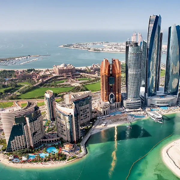 Luxury Dubai skyline with modern architecture and turquoise water