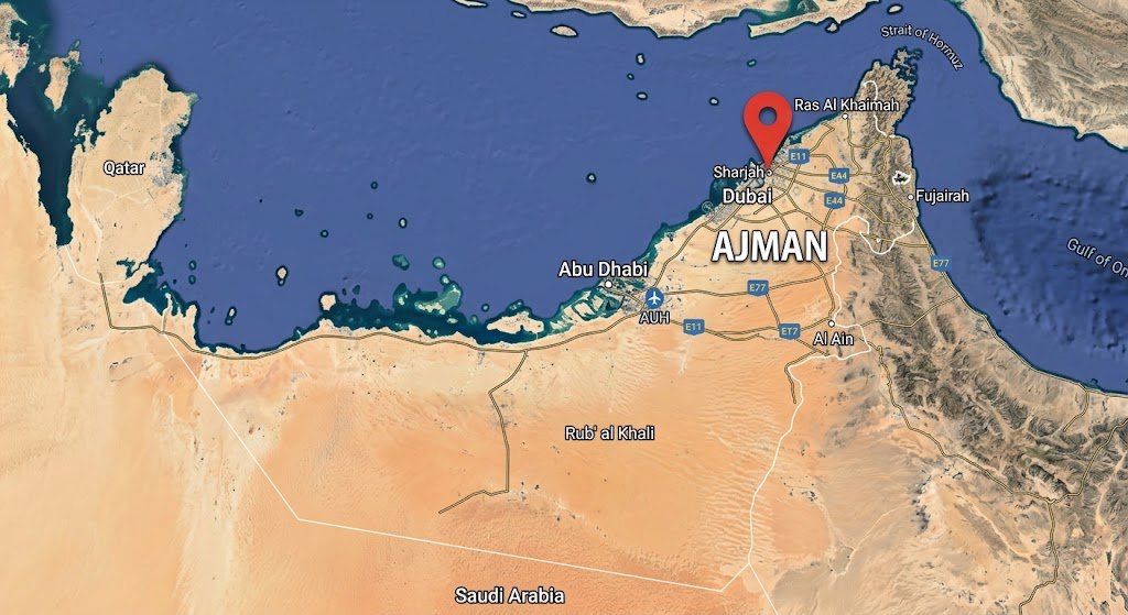Map showing Ajman, UAE with a pin over the emirate