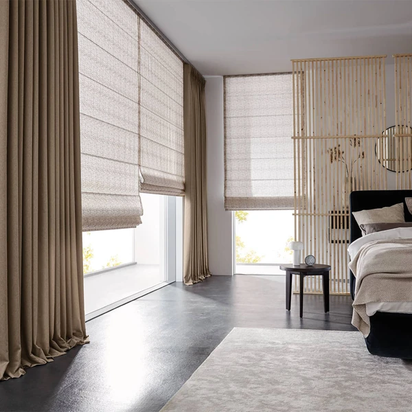 Textured beige Roman blinds in a modern bedroom
