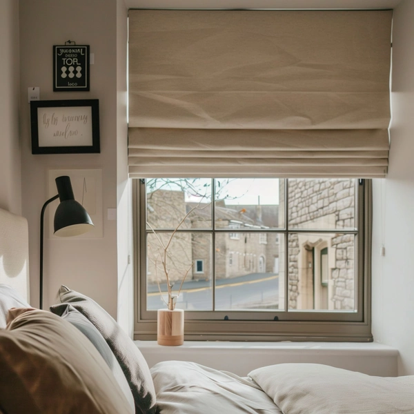 Beige Roman blinds over a window with a view of buildings