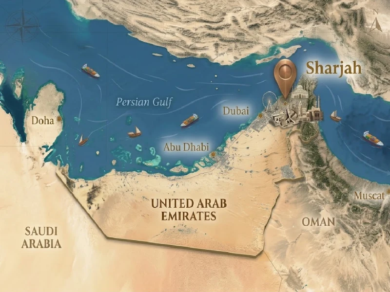Map of UAE showing Sharjah, Dubai, Abu Dhabi, and Persian Gulf