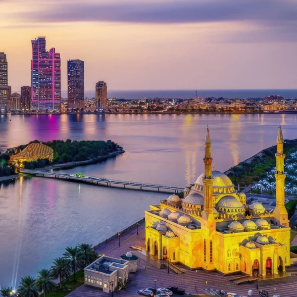Al Ains skyline with mosque and waterfront at sunset