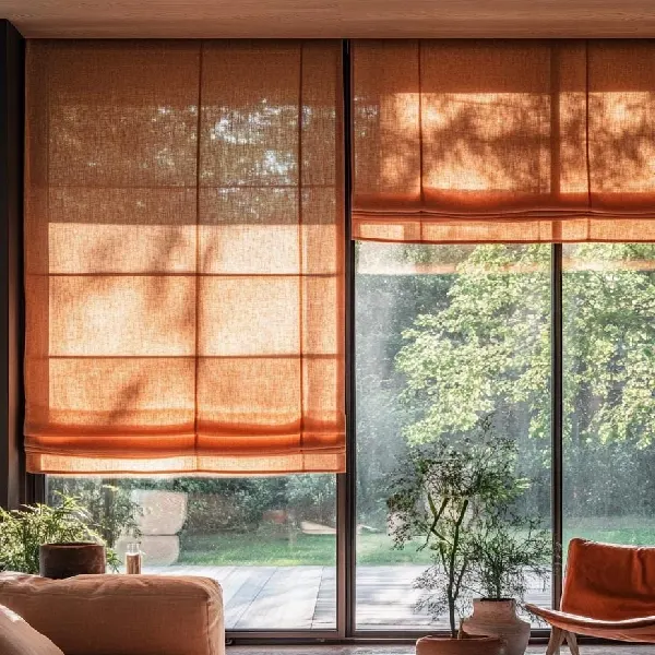 Orange textured roman blinds in a modern living room